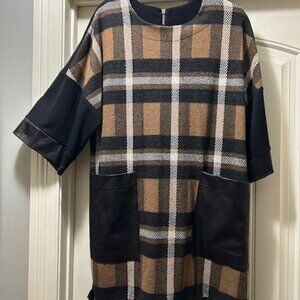 Artex - blank and tan checkered dress with leather pockets and cuffs